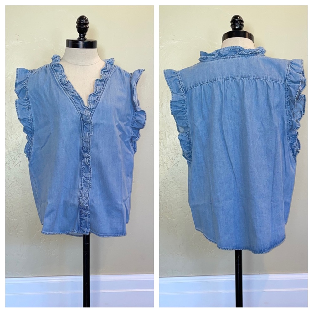 Frame Denim Lauren Ruffle Trim Top in Farrah Size Large